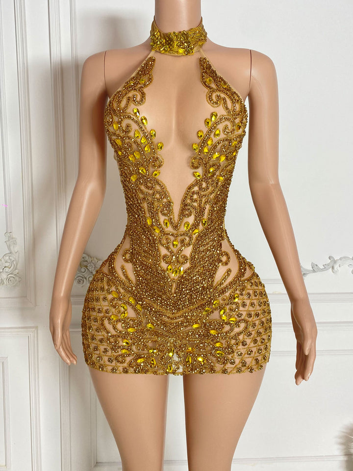 backless mini dress in gold Edikted Backless Chainmail Cowl Neck Mini Dress