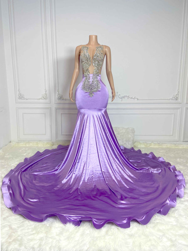 Purple Hollow Out and Rhinestone Sleeveless Maxi Gown