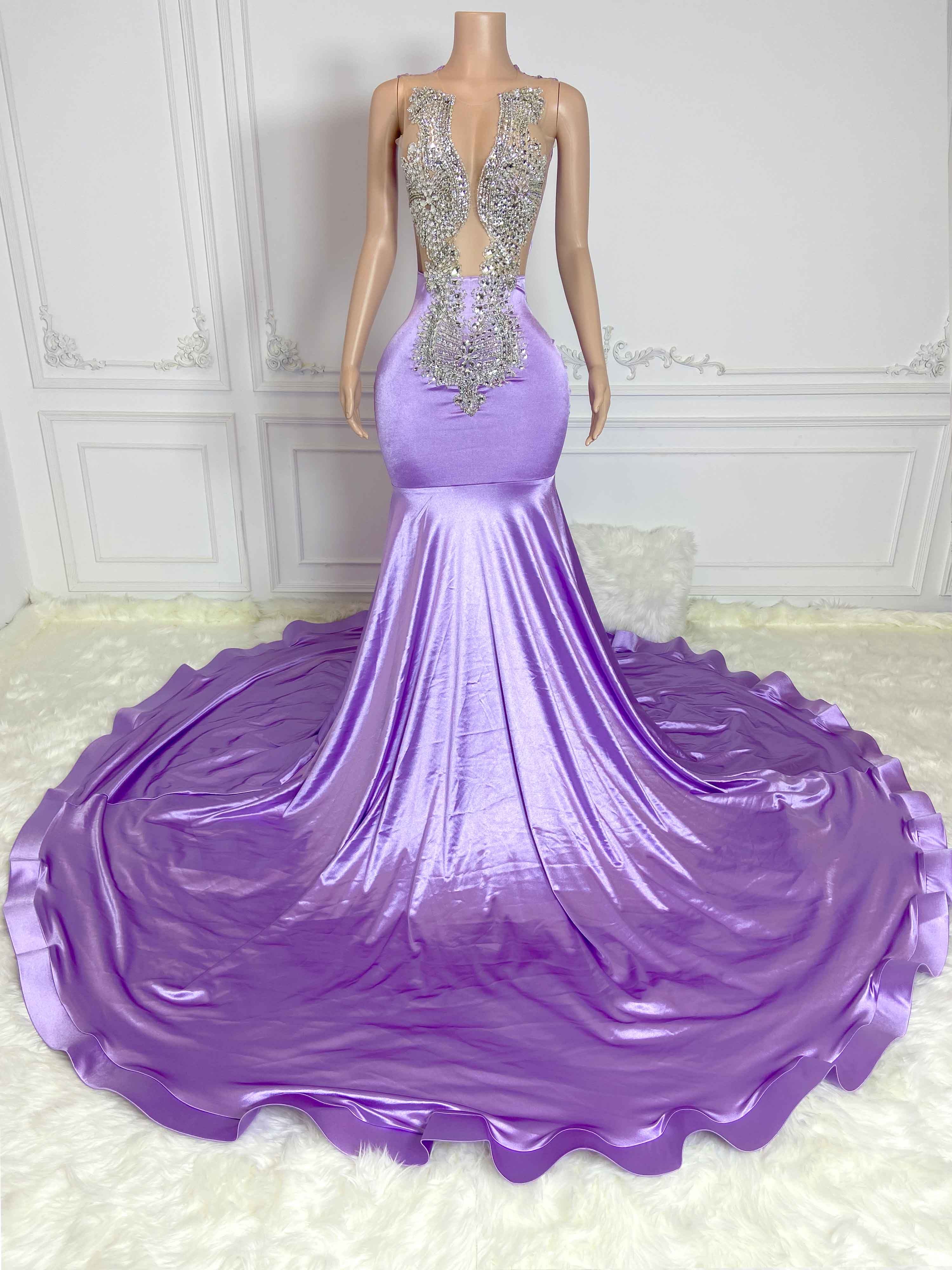 Purple Hollow Out and Rhinestone Sleeveless Maxi Gown
