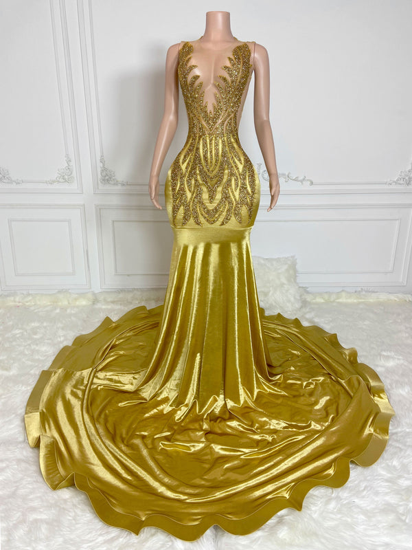 Gold Round Neck Sleeveless with Flame Rhinestones Gowns