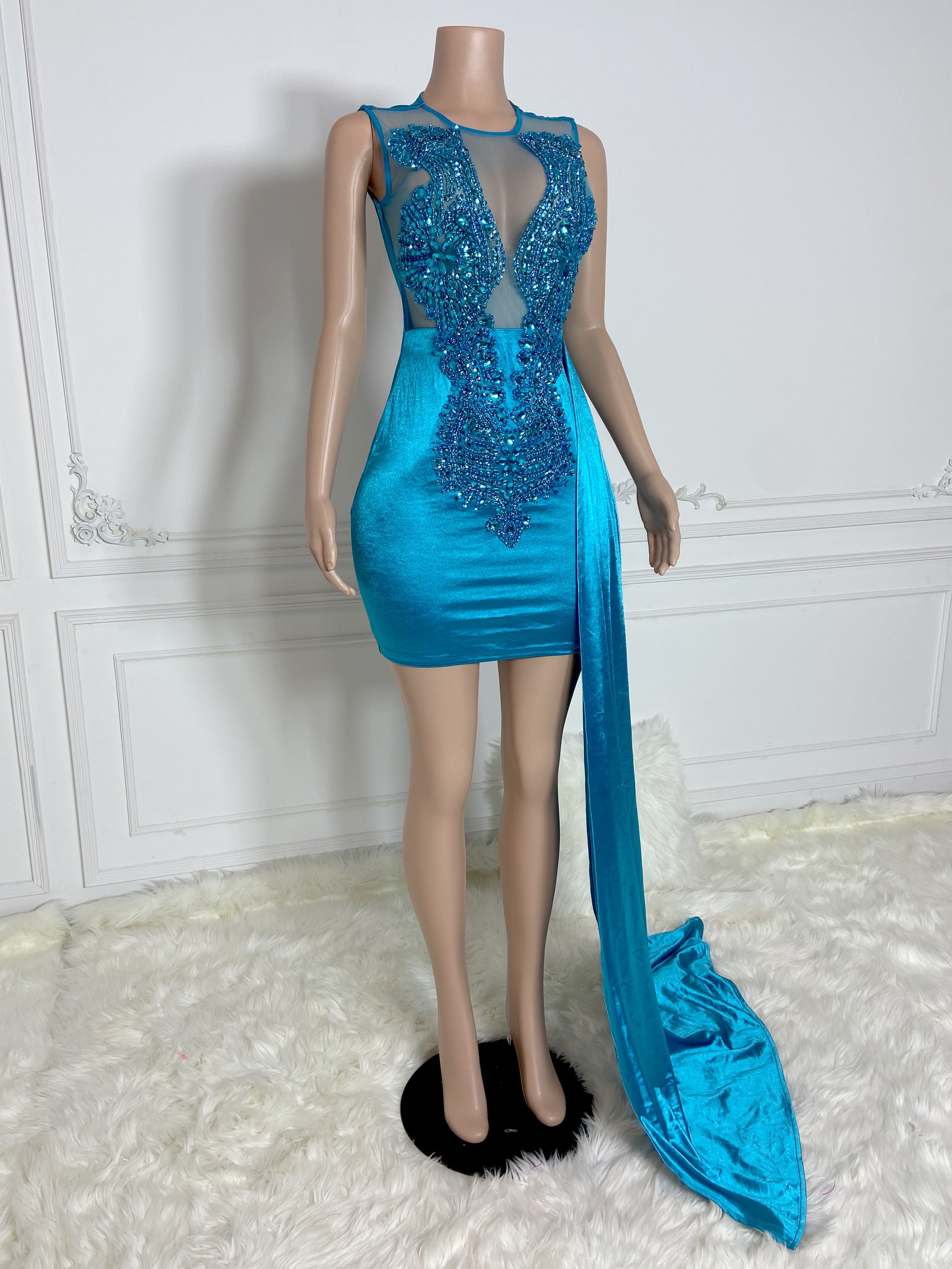Aqua Round Neck Sleeveless with Drape Mini Dress