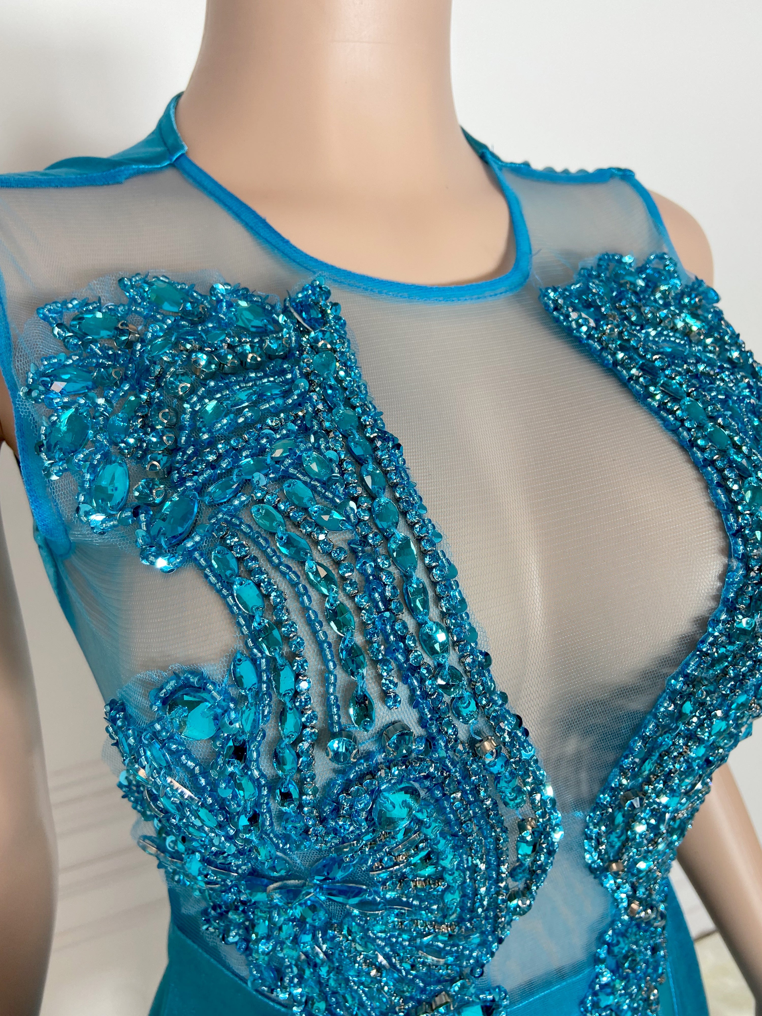 Aqua Round Neck Sleeveless with Drape Mini Dress