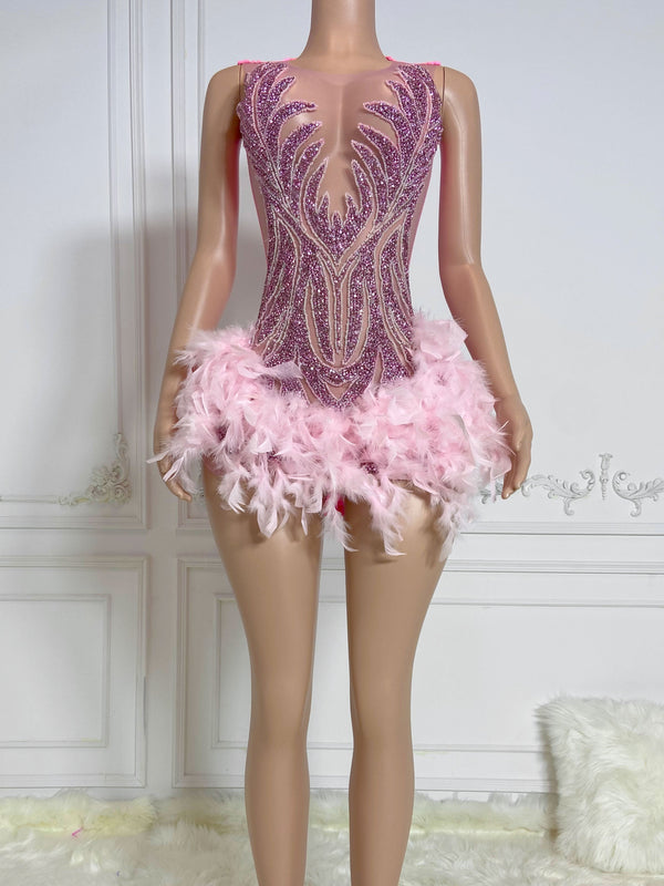 Pink Round Neck Sleeveless with Feather Mini Dress