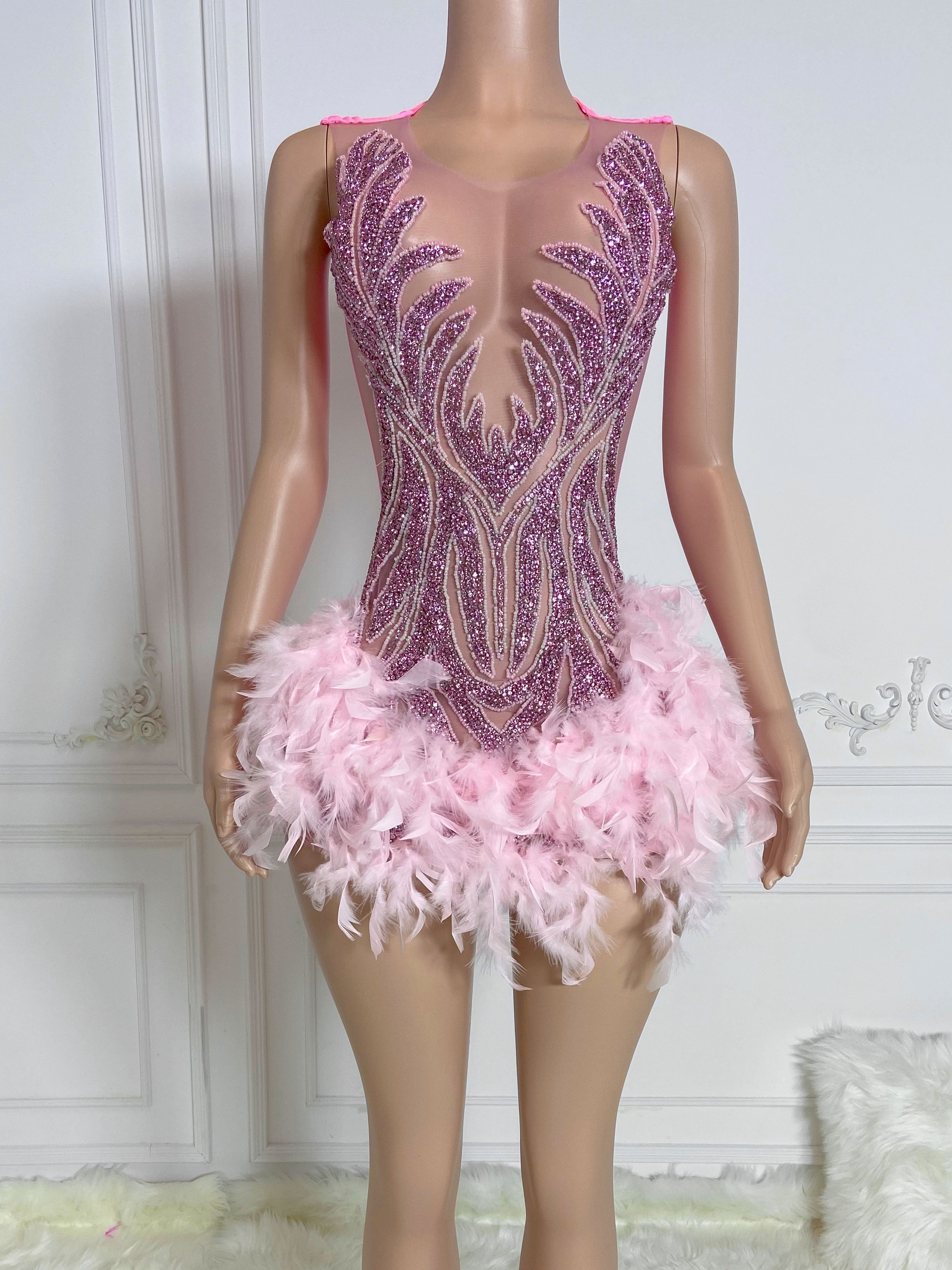 Pink Round Neck Sleeveless with Feather Mini Dress
