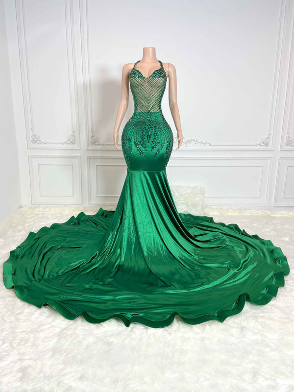 Green Low Cut and Rhinestone Sleeveless Maxi Gown