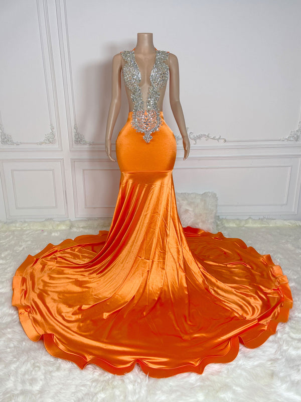 Orange Round Neck Sleeveless with Vintage Rhinestones Gowns