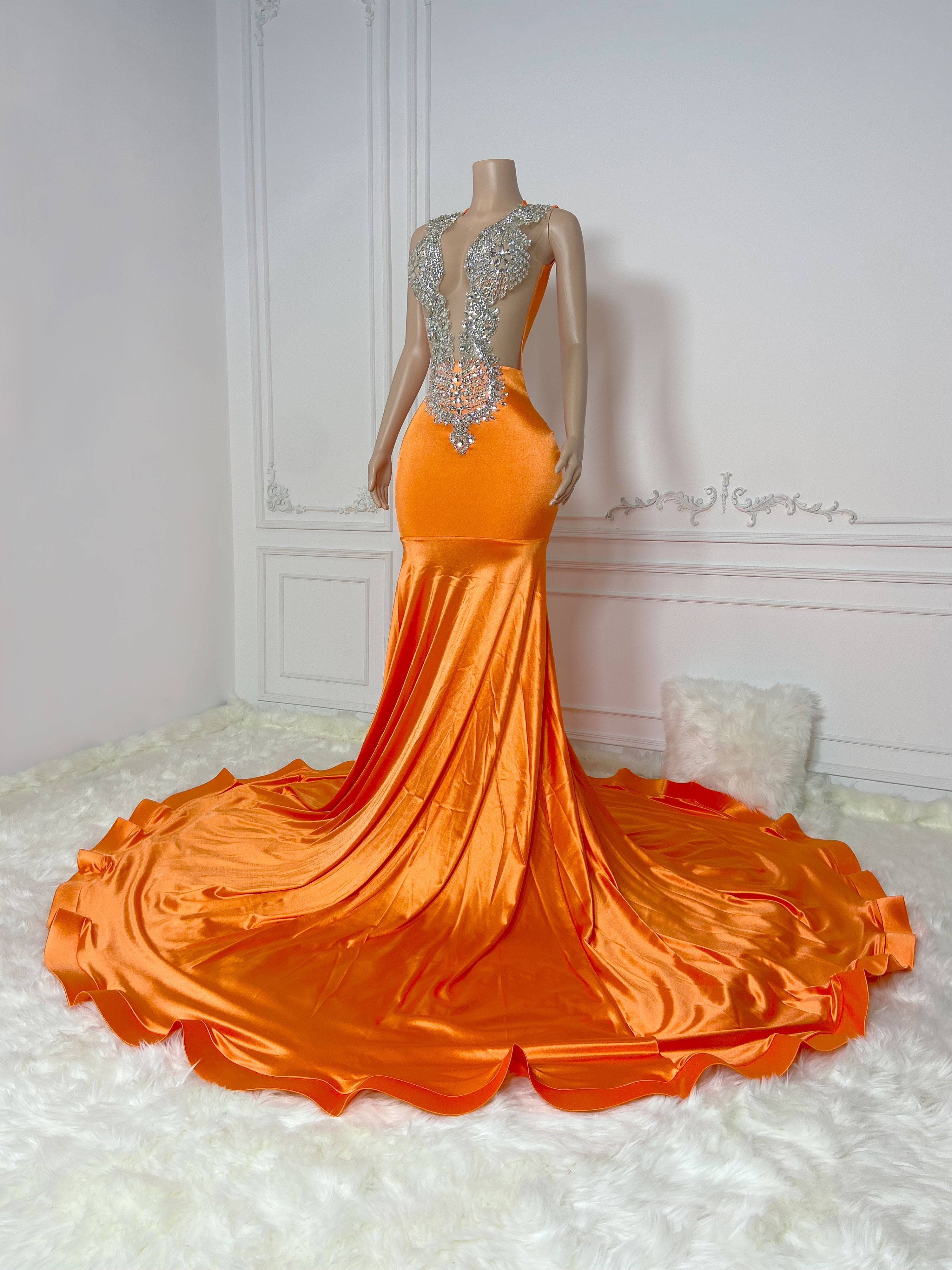 Orange Round Neck Sleeveless with Vintage Rhinestones Gowns
