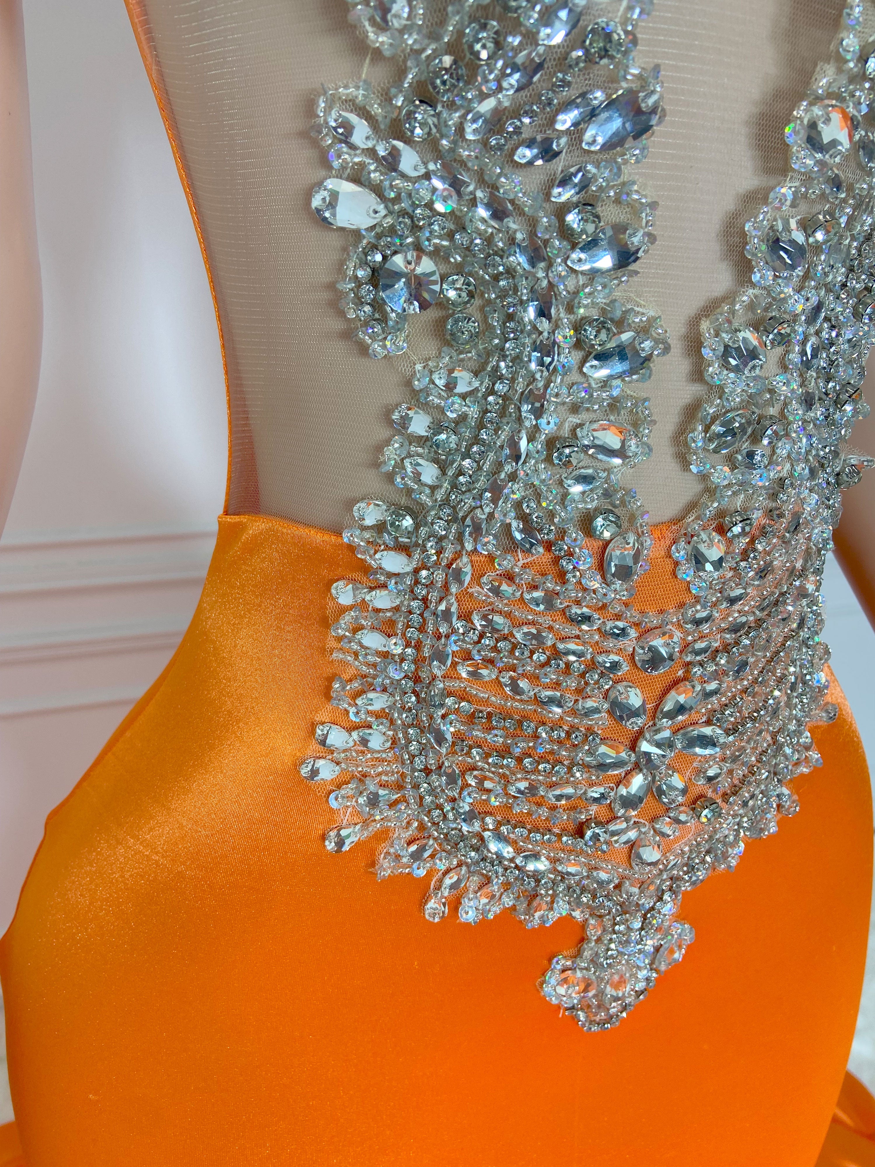 Orange Round Neck Sleeveless with Vintage Rhinestones Gowns