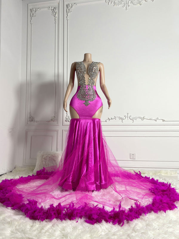 Rosy Feathered Maxi Charm Gown