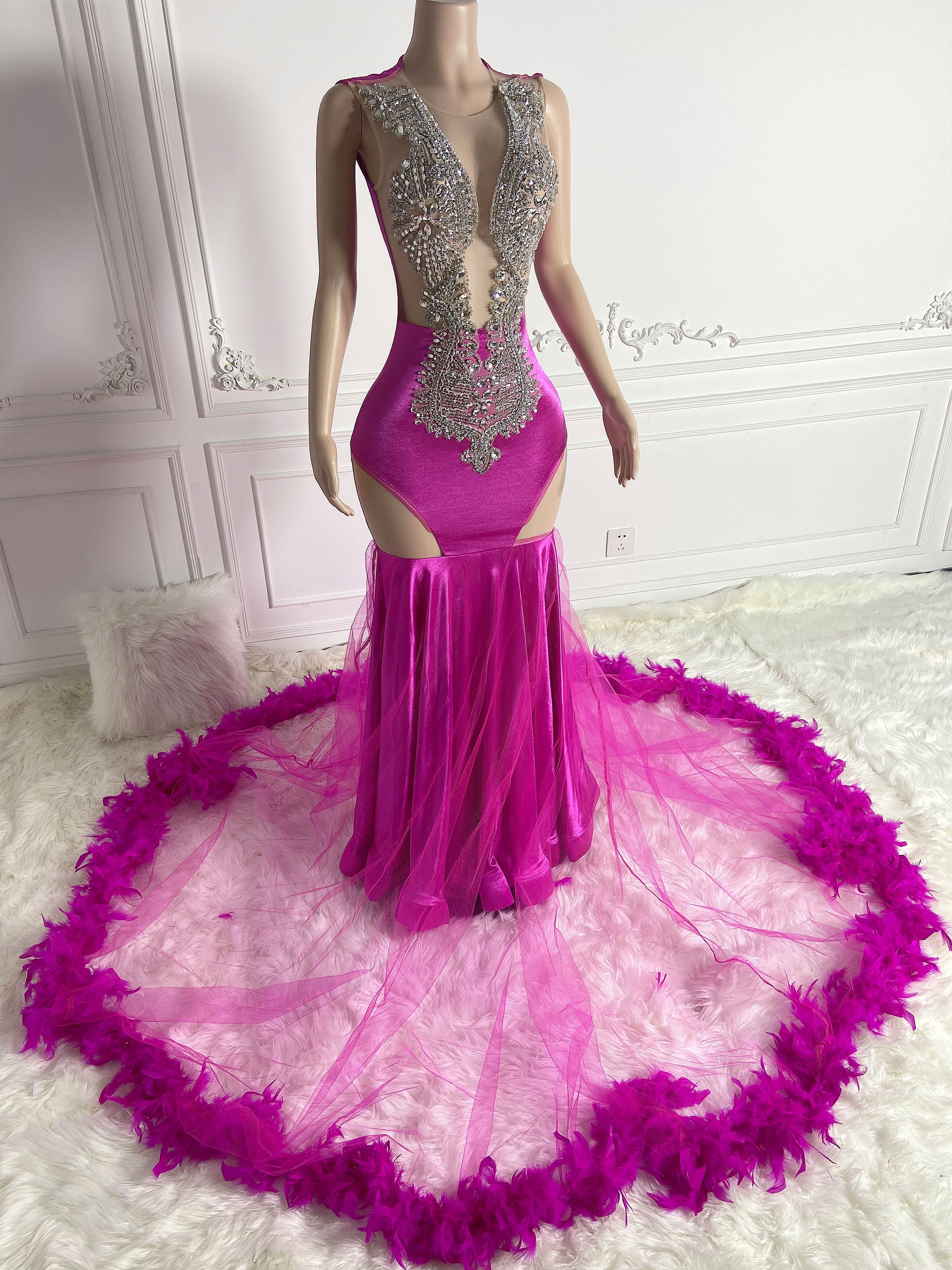 Rosy Feathered Maxi Charm Gown