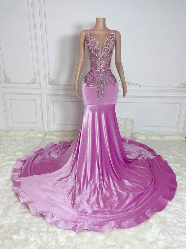 Pink Velvet Hollow Out and Rhinestone Sleeveless Maxi Gown