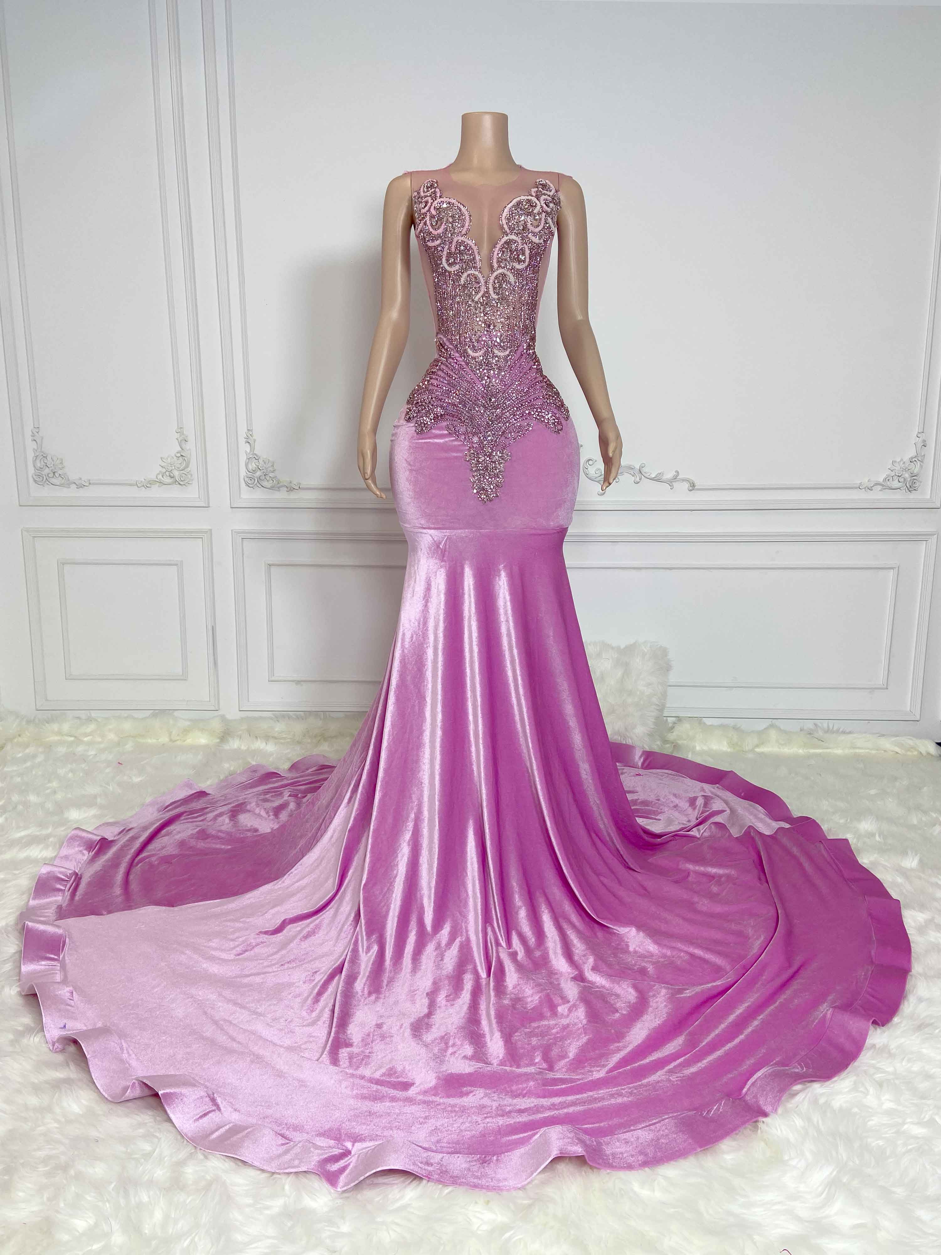 Pink Velvet Hollow Out and Rhinestone Sleeveless Maxi Gown