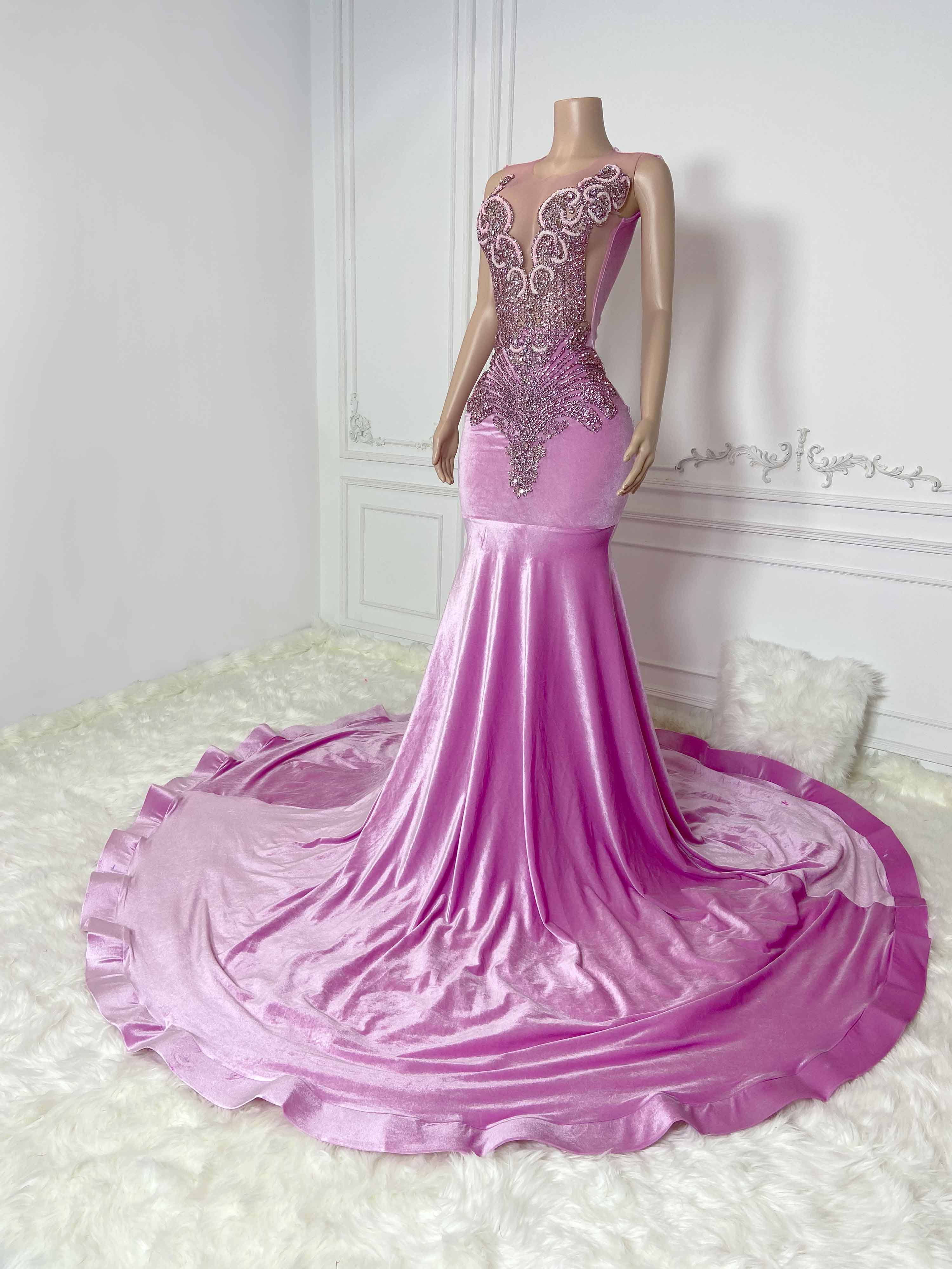 Pink Velvet Hollow Out and Rhinestone Sleeveless Maxi Gown