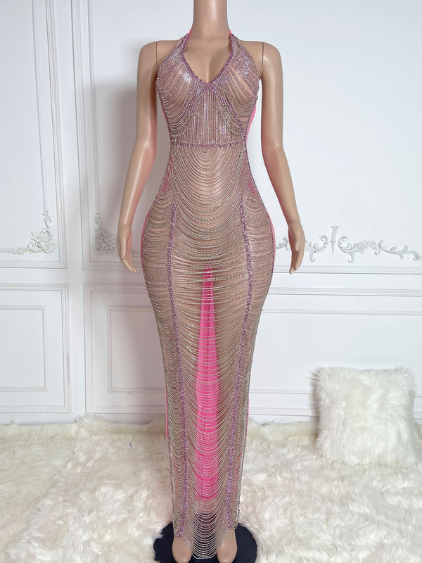 Pink Halter Glam Long Dress