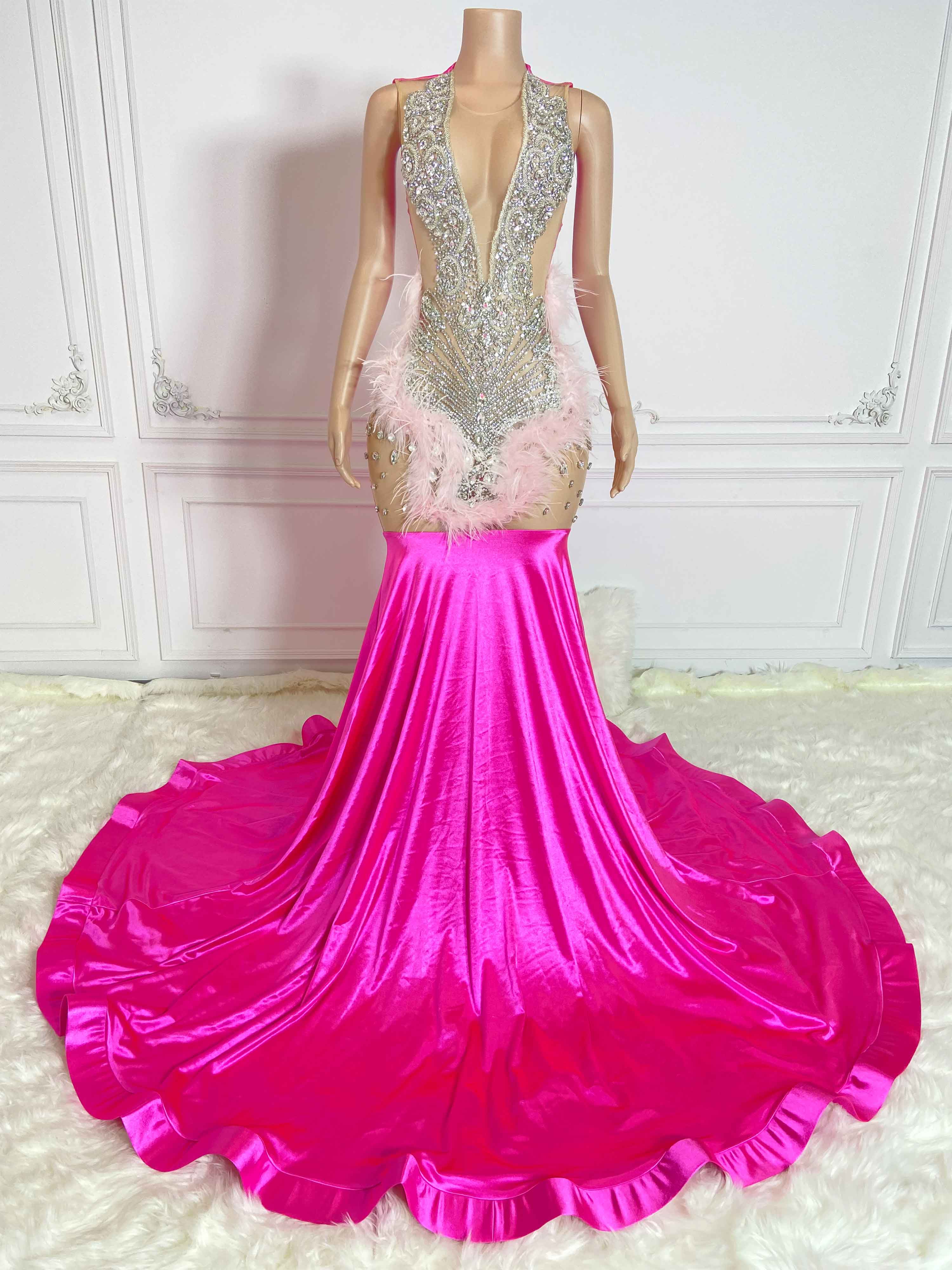 Rosy Low Cut and Rhinestone Sleeveless Maxi Gown