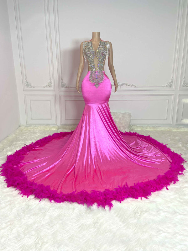 Rosy Fringe and Hem Fur Sleeveless Maxi Gown