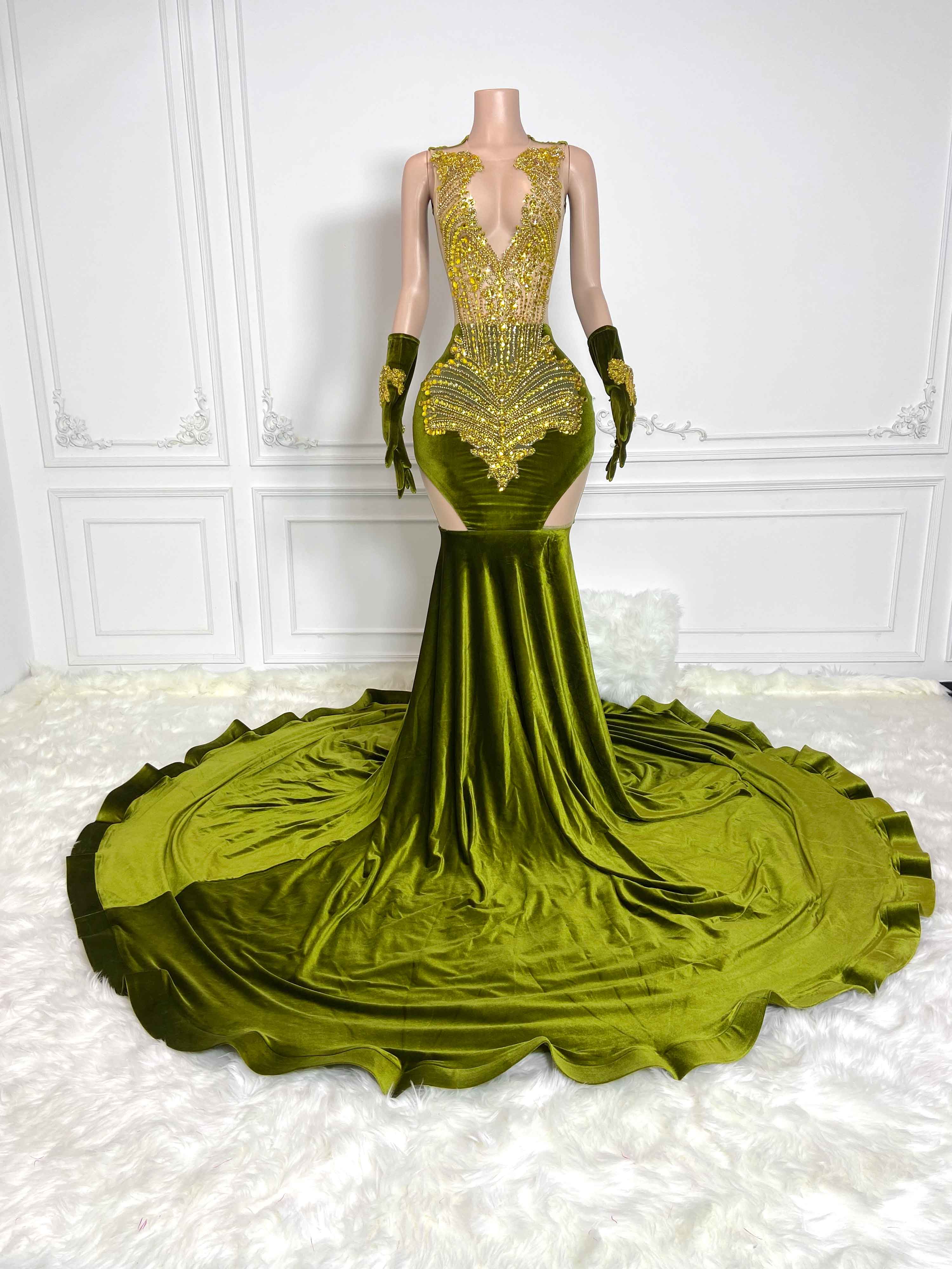 Green Velvet Maxi Gown with Gloves and Cutout | Wolddress  wolddress