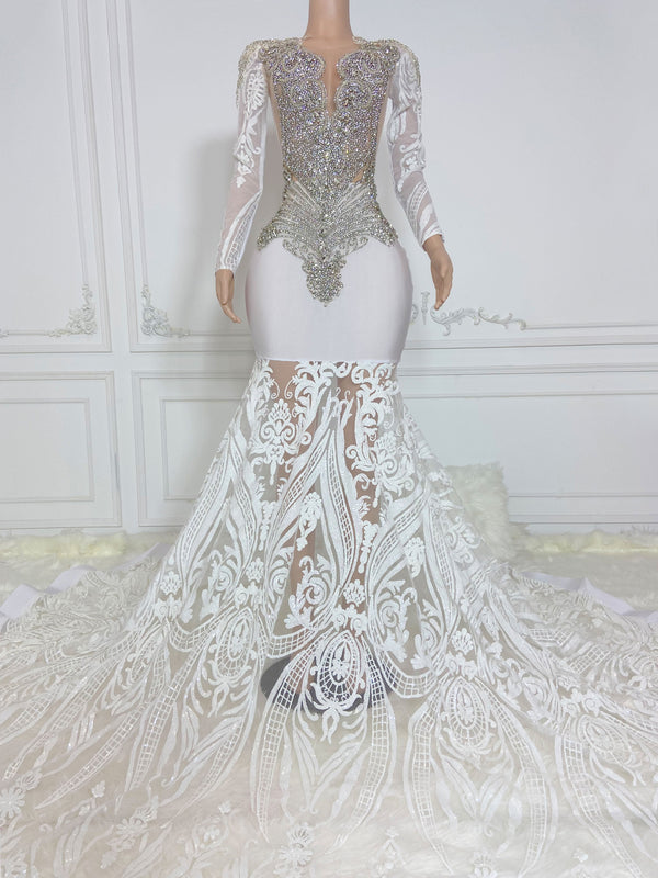 White Round Neck Long Sleeve Maxi Dress with Sequins Gowns