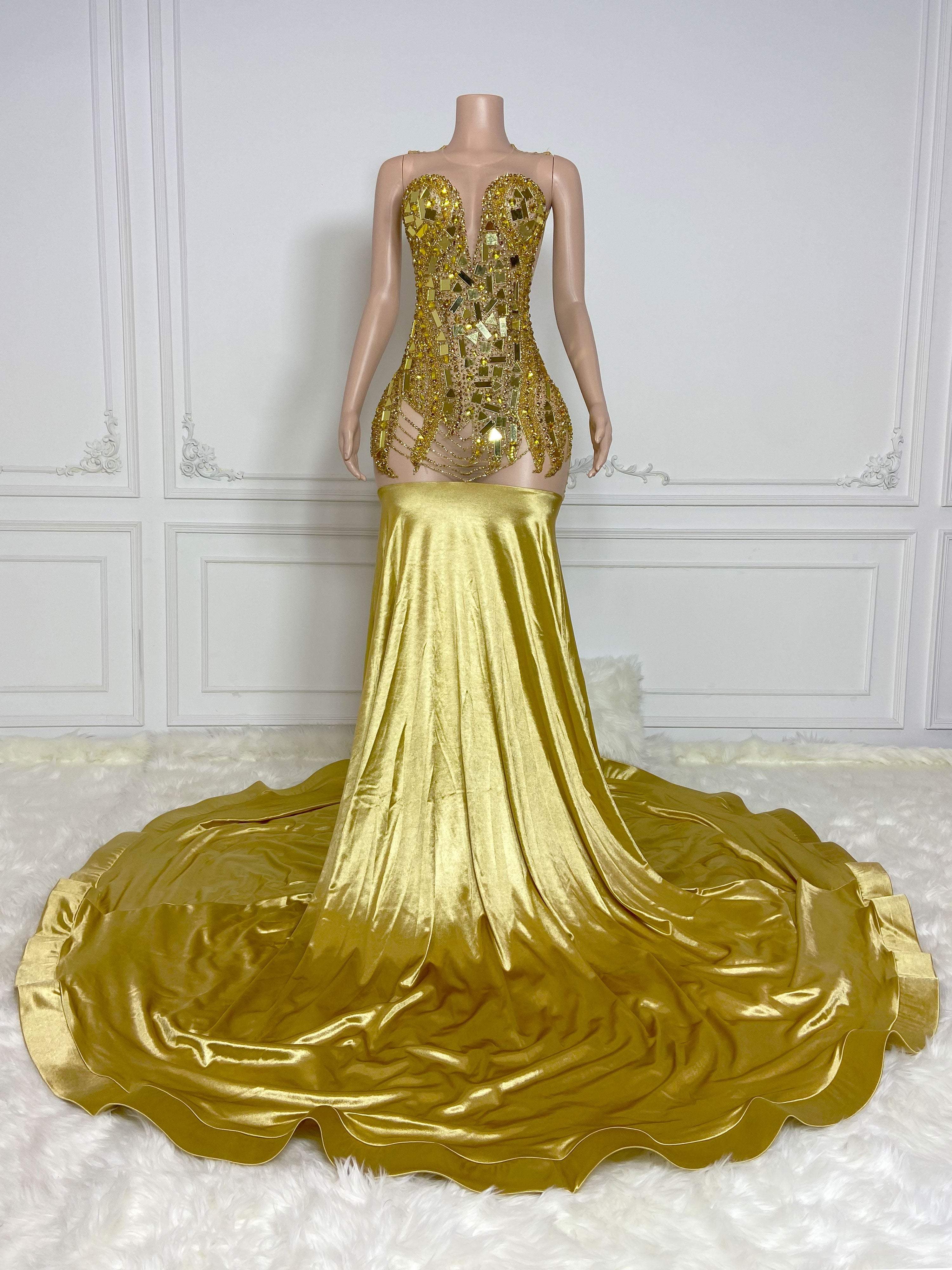 Gold Rhinestone See-Through Maxi Gown