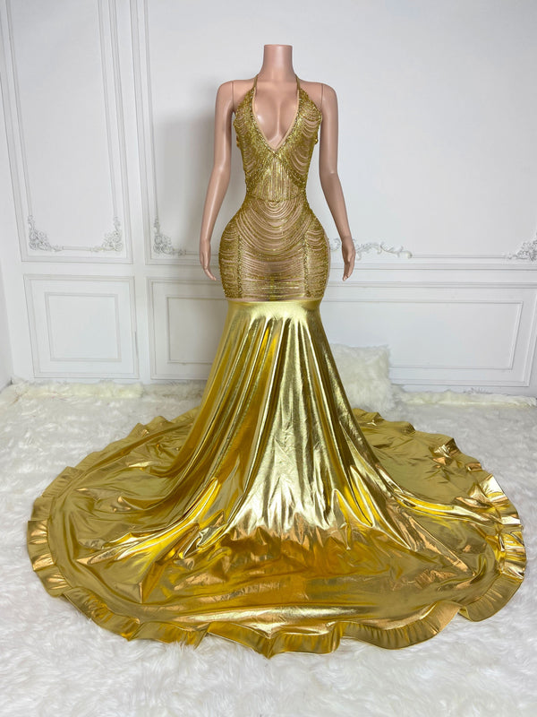 Gold Deep V Neck Maxi Dress with Rhinestone Chains Gowns