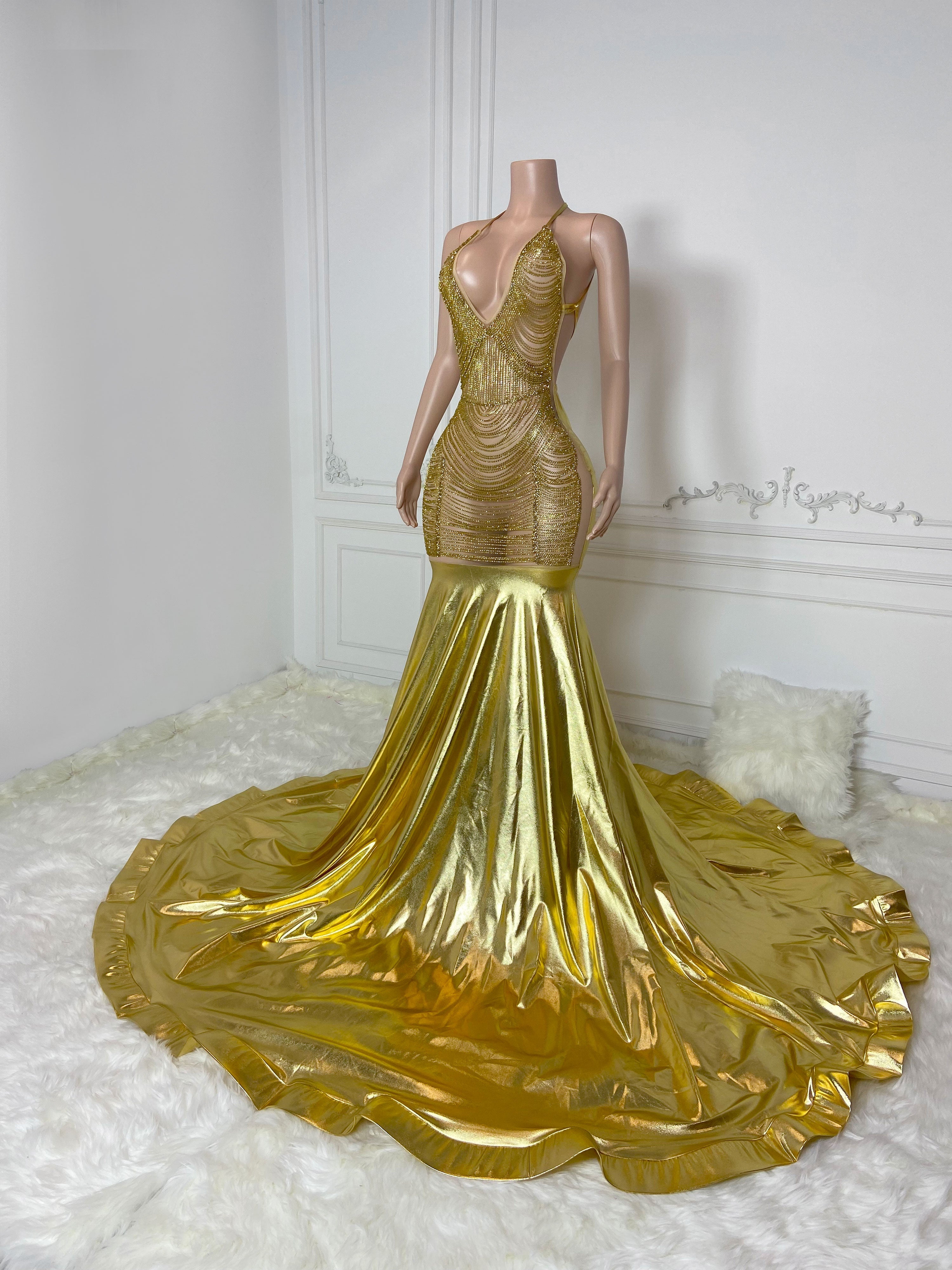 Gold Deep V Neck Sleeveless Maxi Dress with Rhinestone Chains Gowns