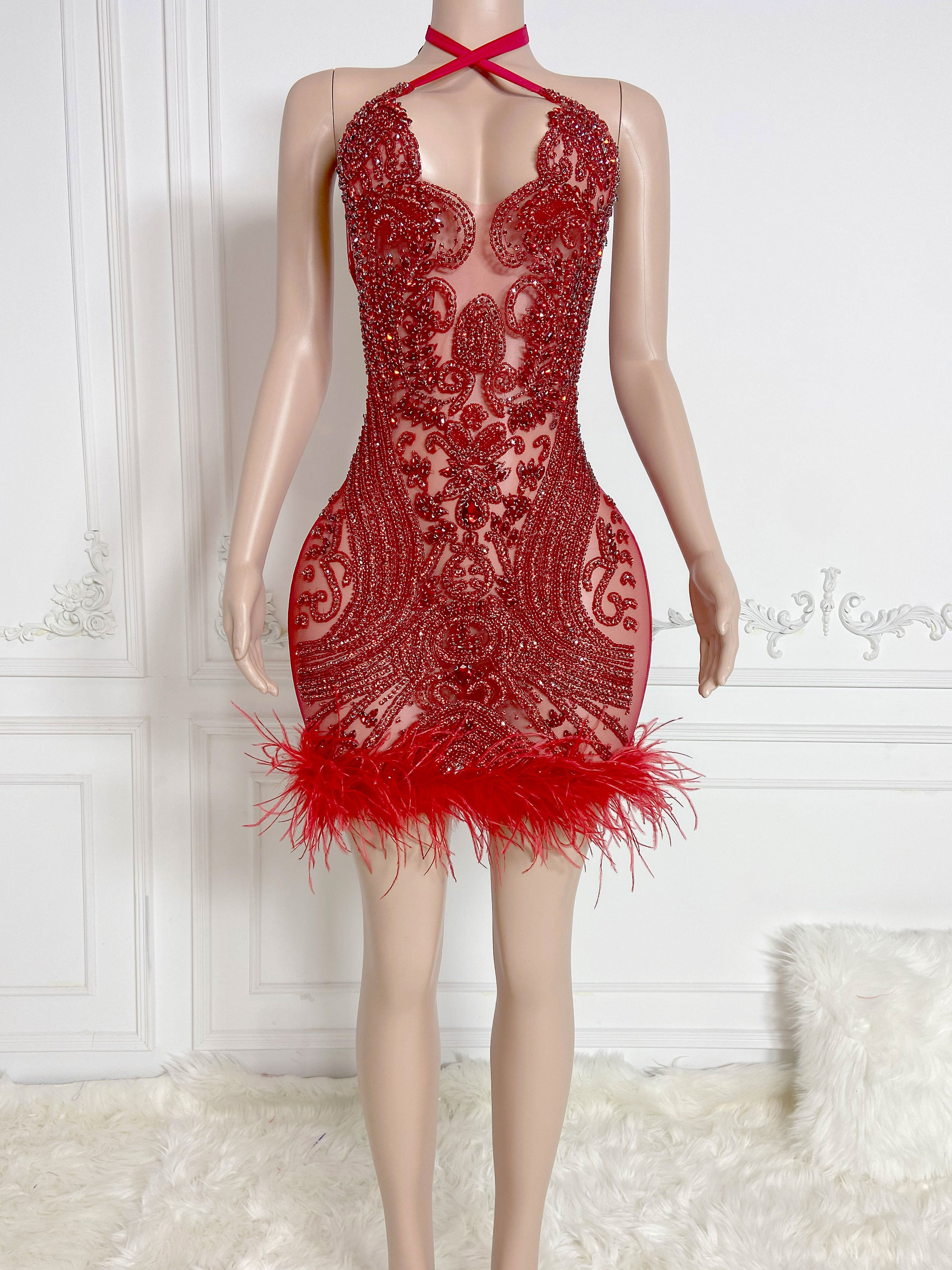 Fiery Red Feathered Halter Dress