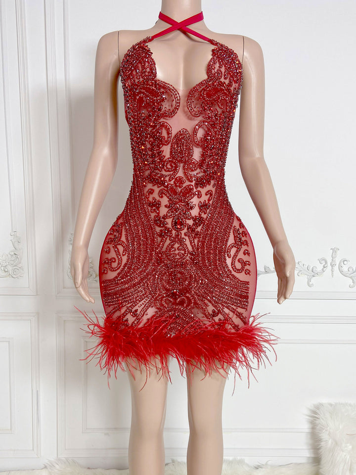 Fiery Red Feathered Halter Dress