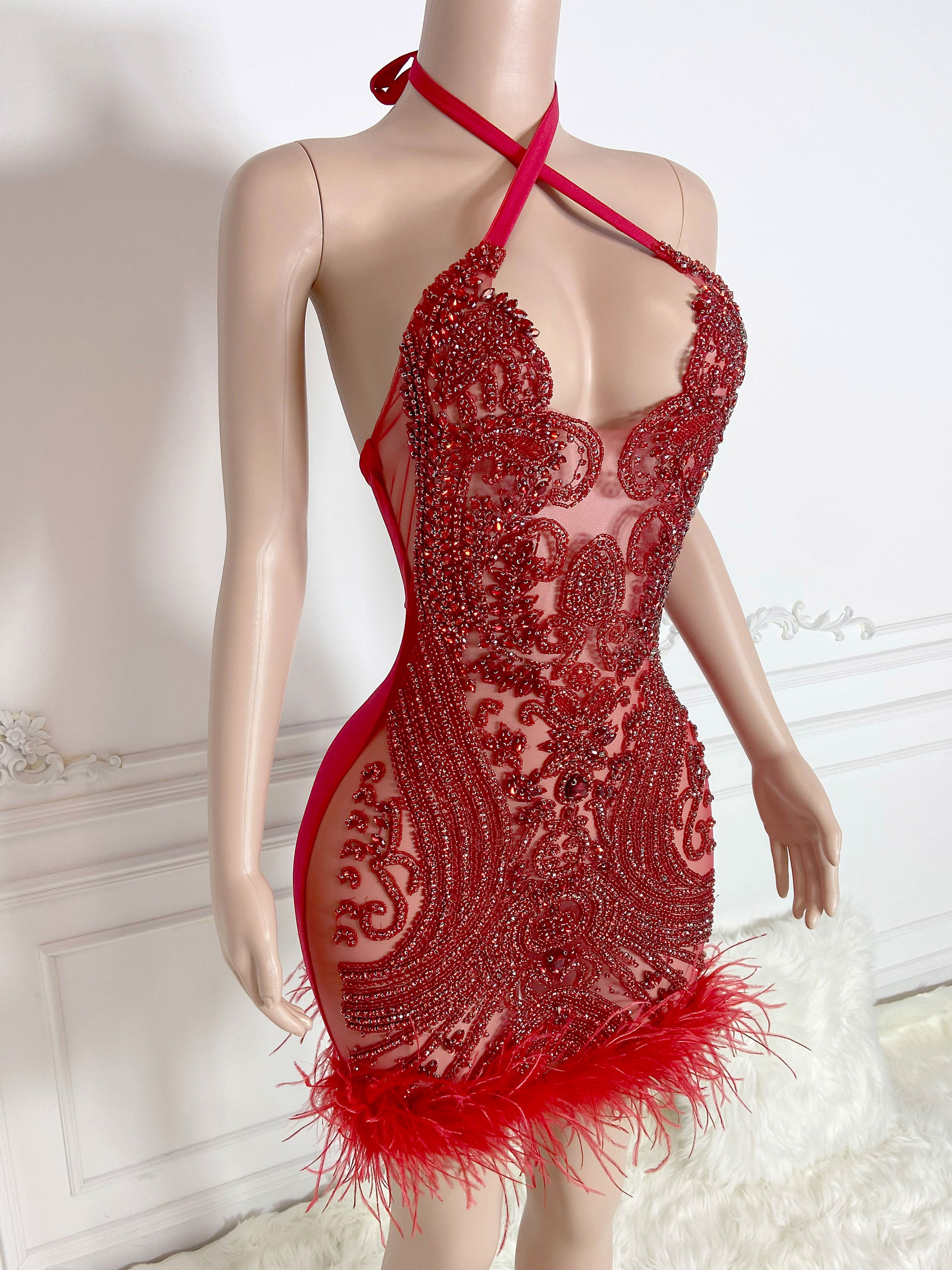 Fiery Red Feathered Halter Dress