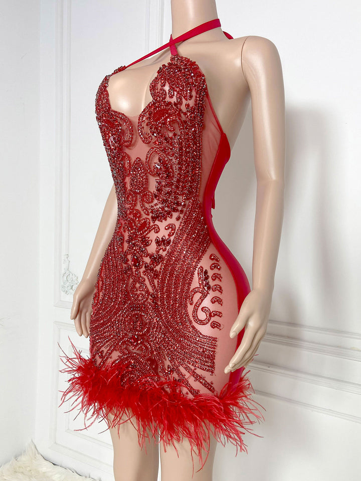 Fiery Red Feathered Halter Dress
