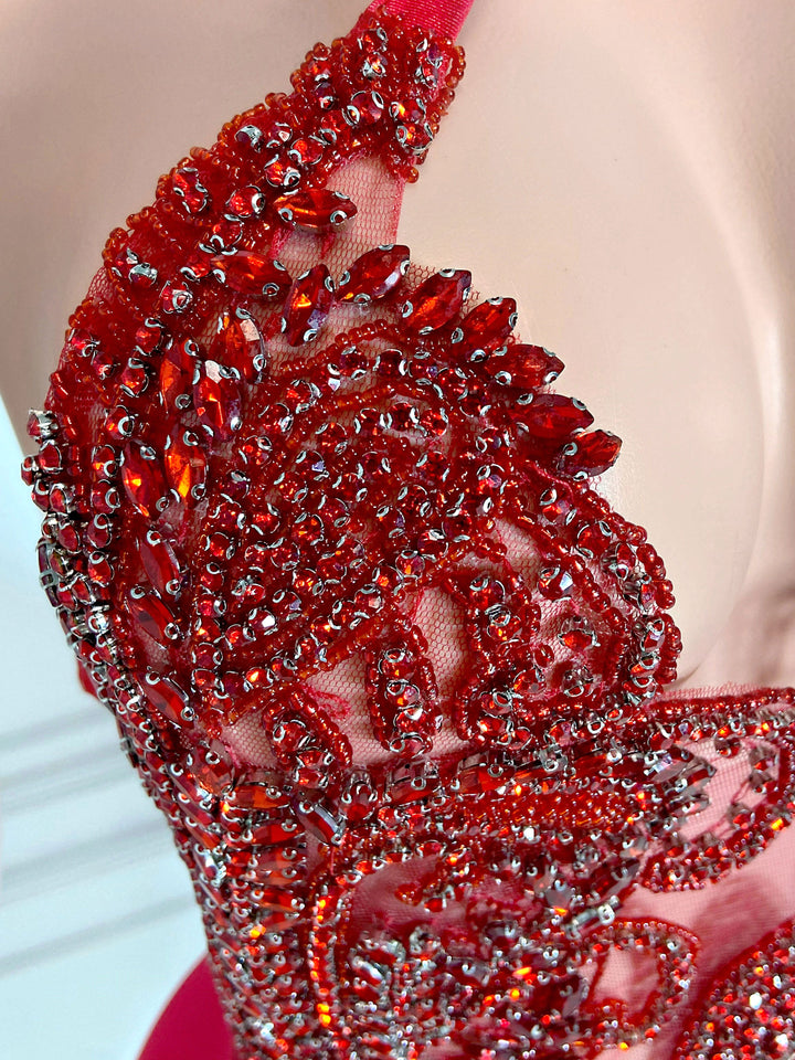 Fiery Red Feathered Halter Dress