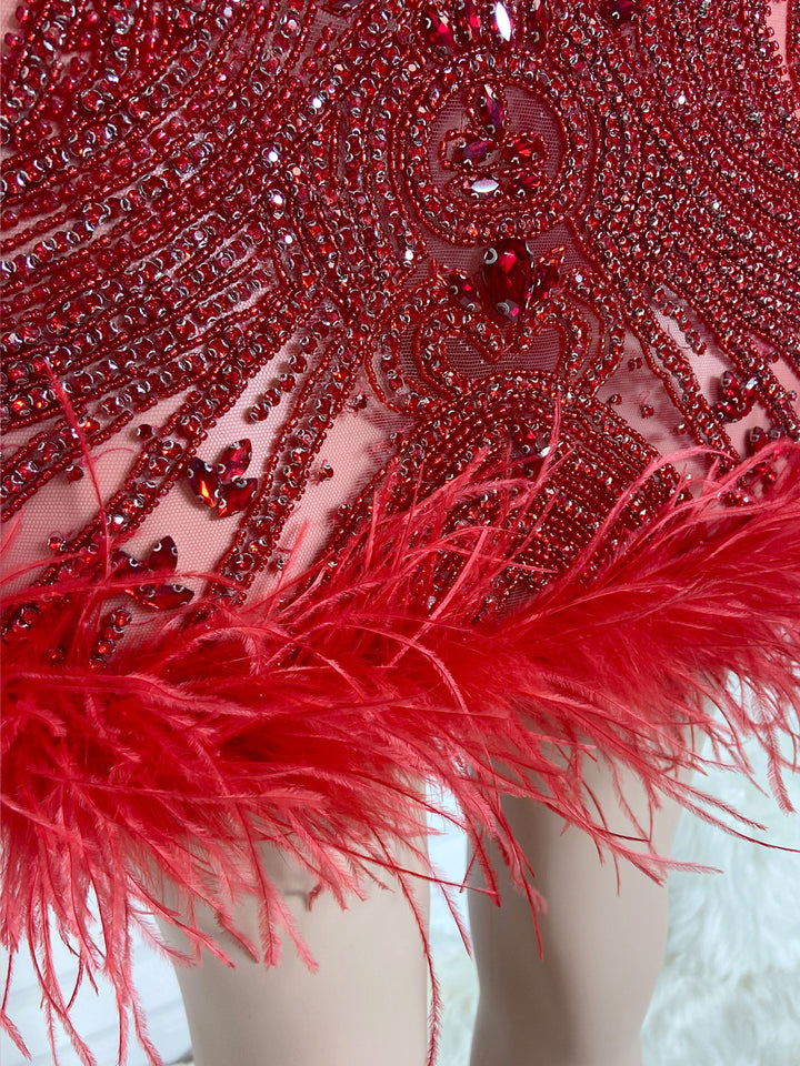Fiery Red Feathered Halter Dress