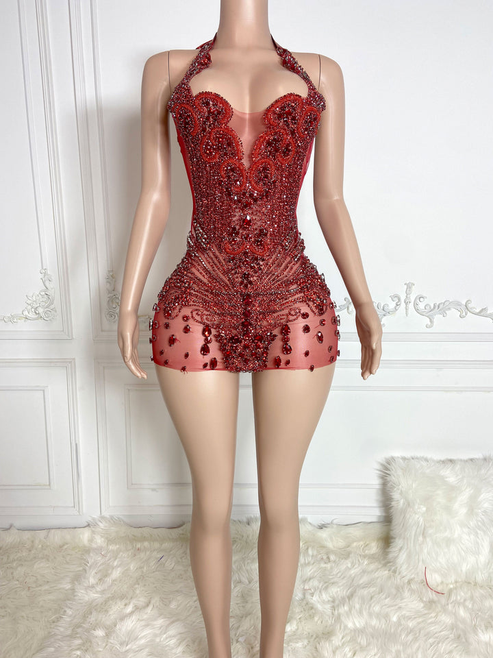 Gleaming Ruby V-Neck Dress