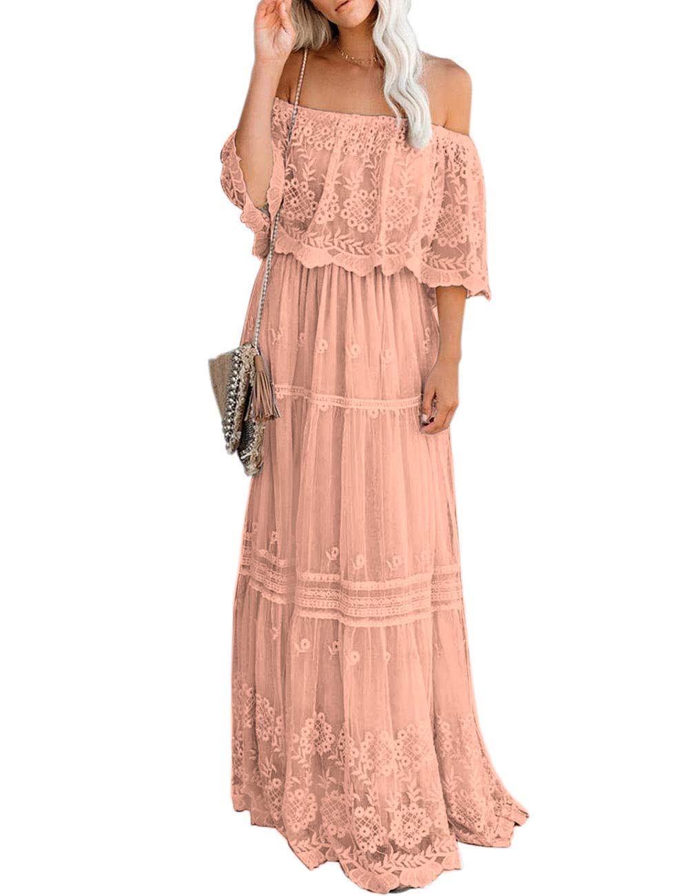 Off Shoulder Short Sleeve Floral Lace Bridesmaid Maxi Dress TJ611313
