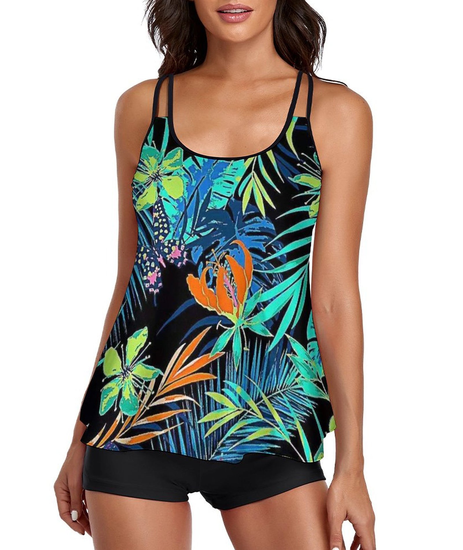 Tankini Trapical Green Tank Top Two Piece Bathing Suits with Boyshorts