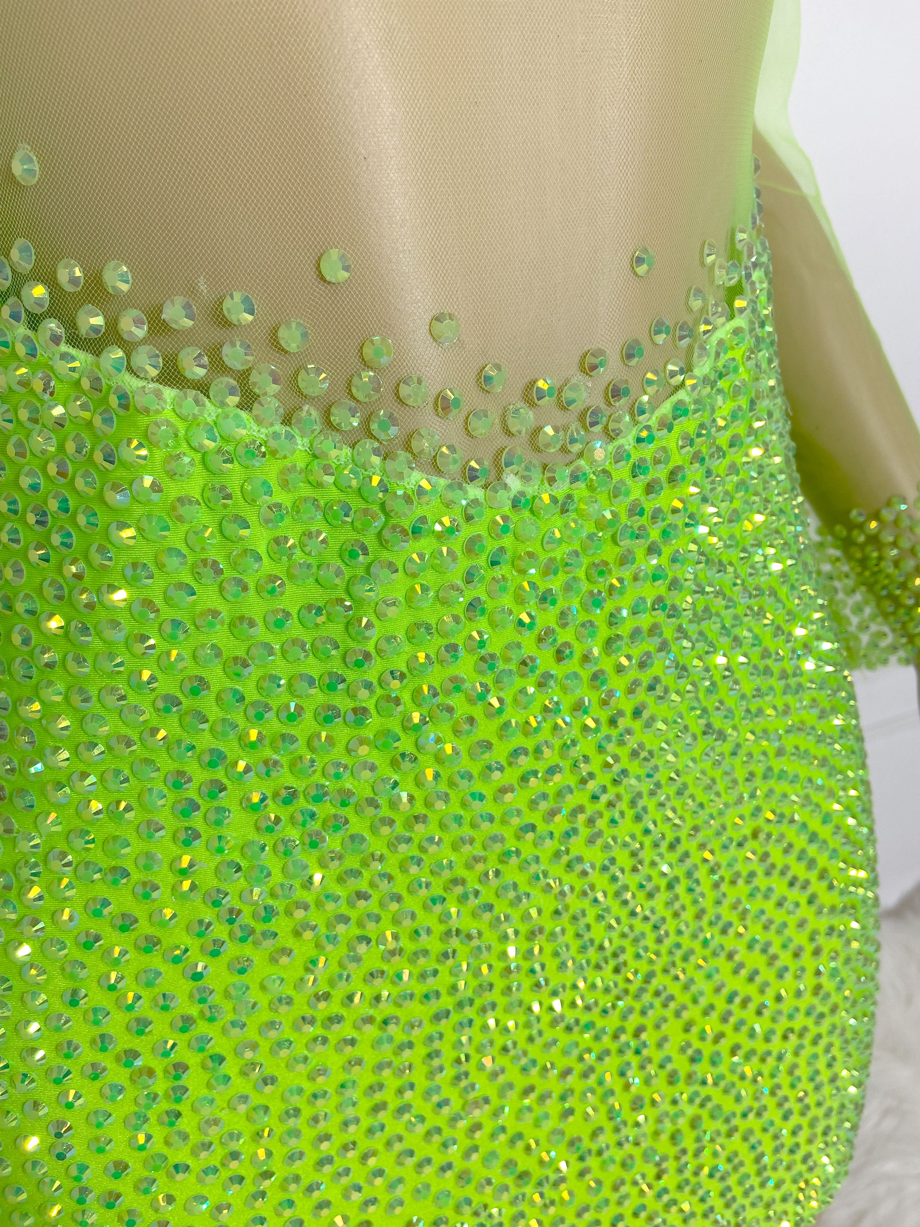 Neo Green See Through and Rhinestone Long Sleeve Mini Dress