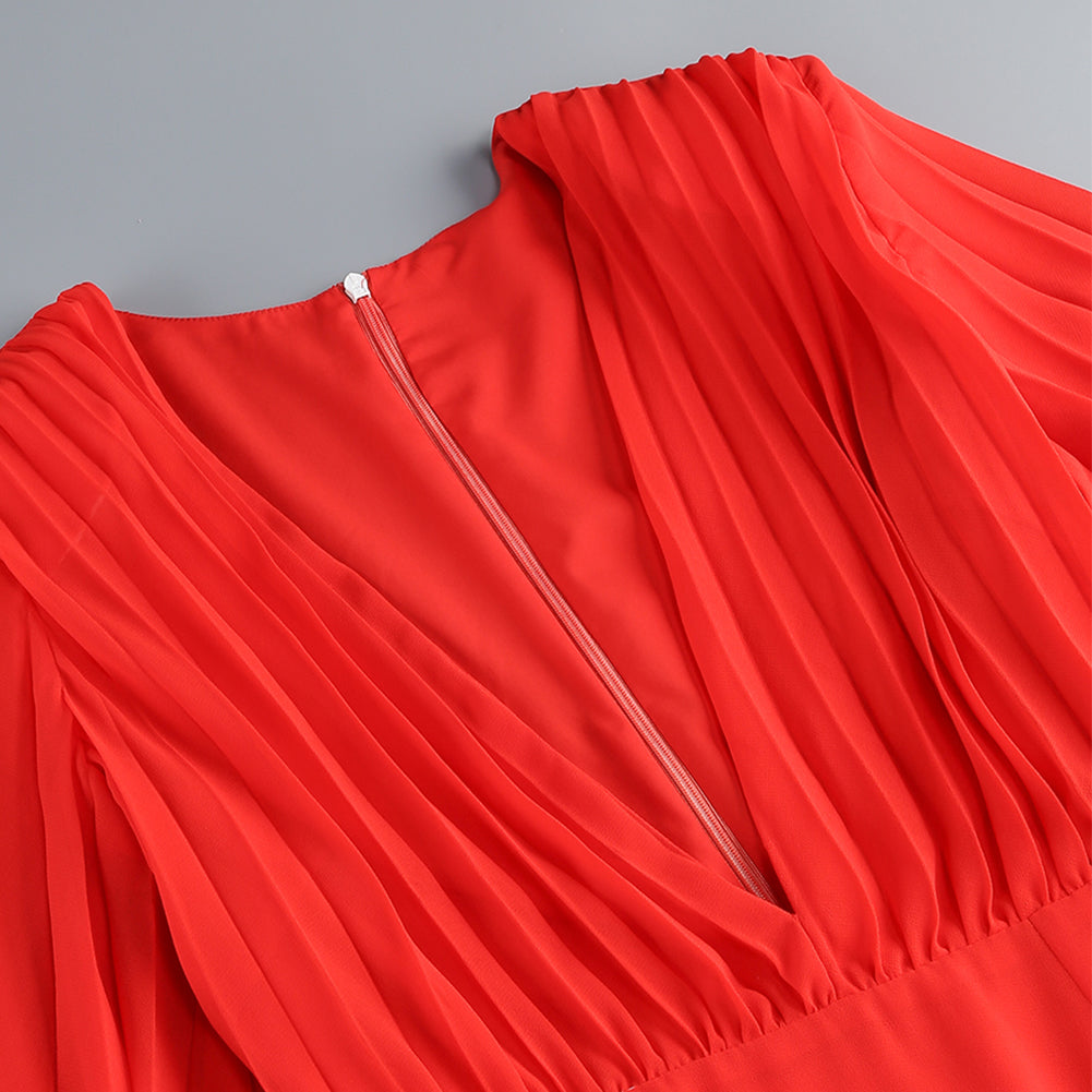 Deep-V Long Sleeve Wrinkled Maxi Dress ZNSBA725