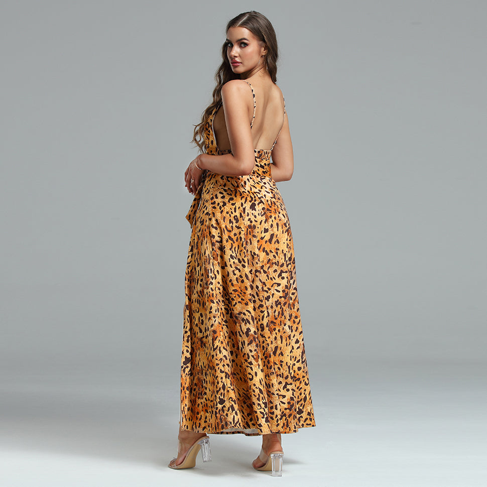 Strappy Leopard Print Maxi Dress With Belt
