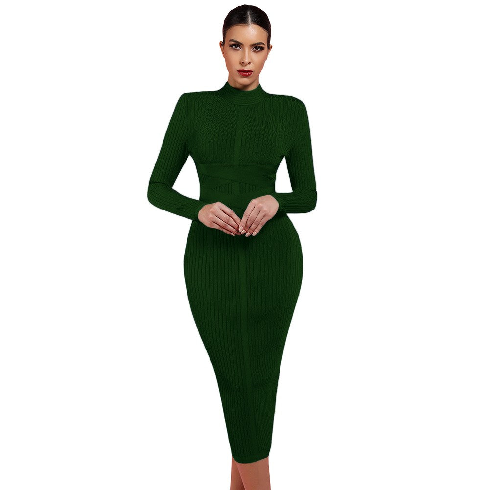 Round Neck Long Sleeve Striped Over Knee Bandage Dress PF1201 40 in wolddress