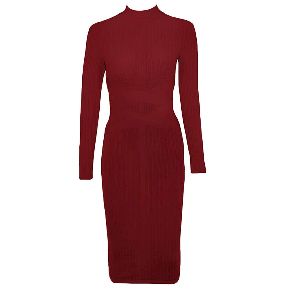 Round Neck Long Sleeve Striped Over Knee Bandage Dress PF1201 44 in wolddress