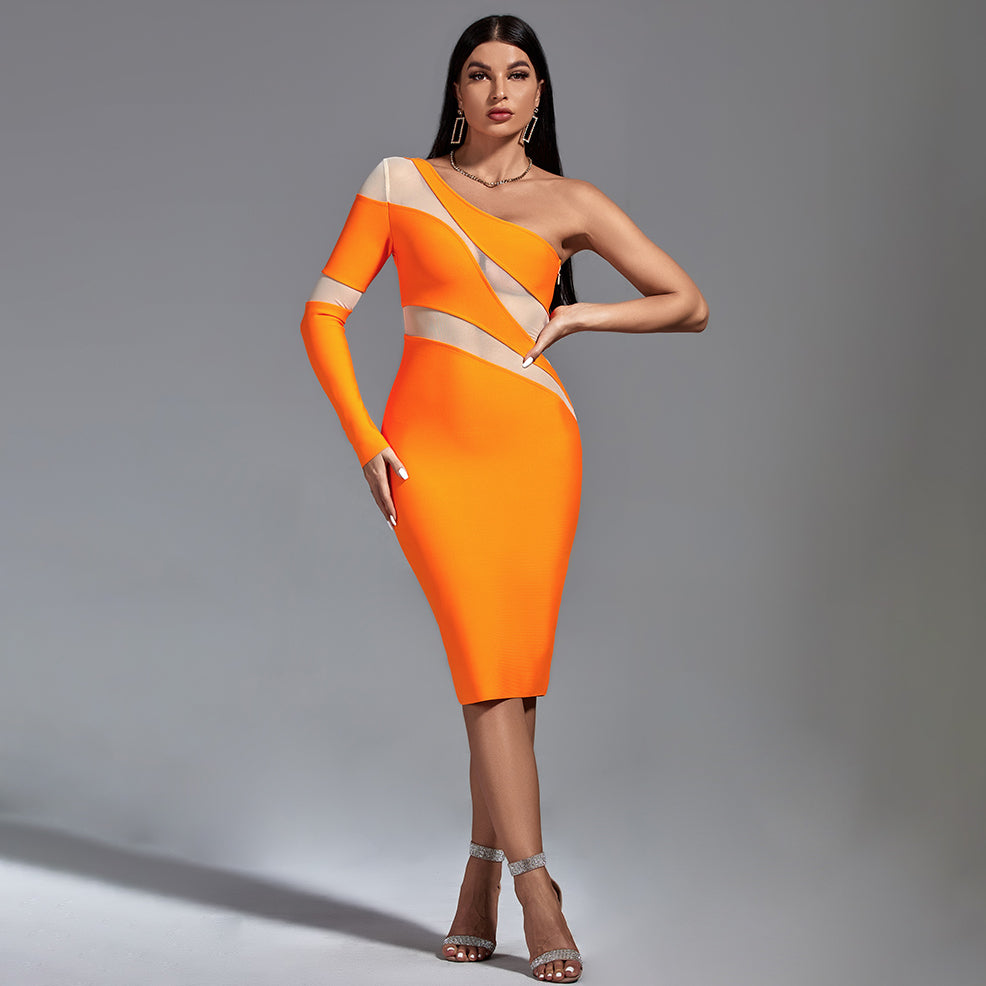 Tangerine Asymmetrical Mesh Bandage Dress